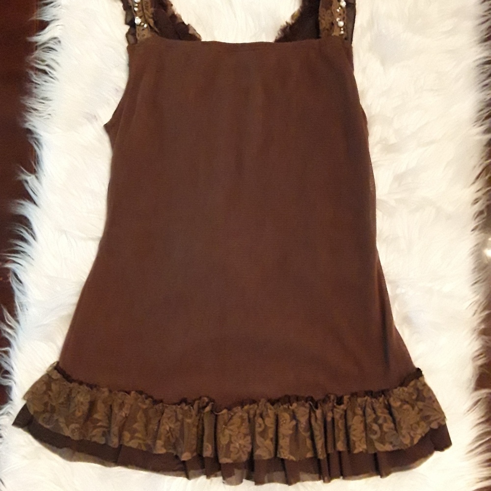 Brown Tank with Lace Ruffle - Picture 5 of 6